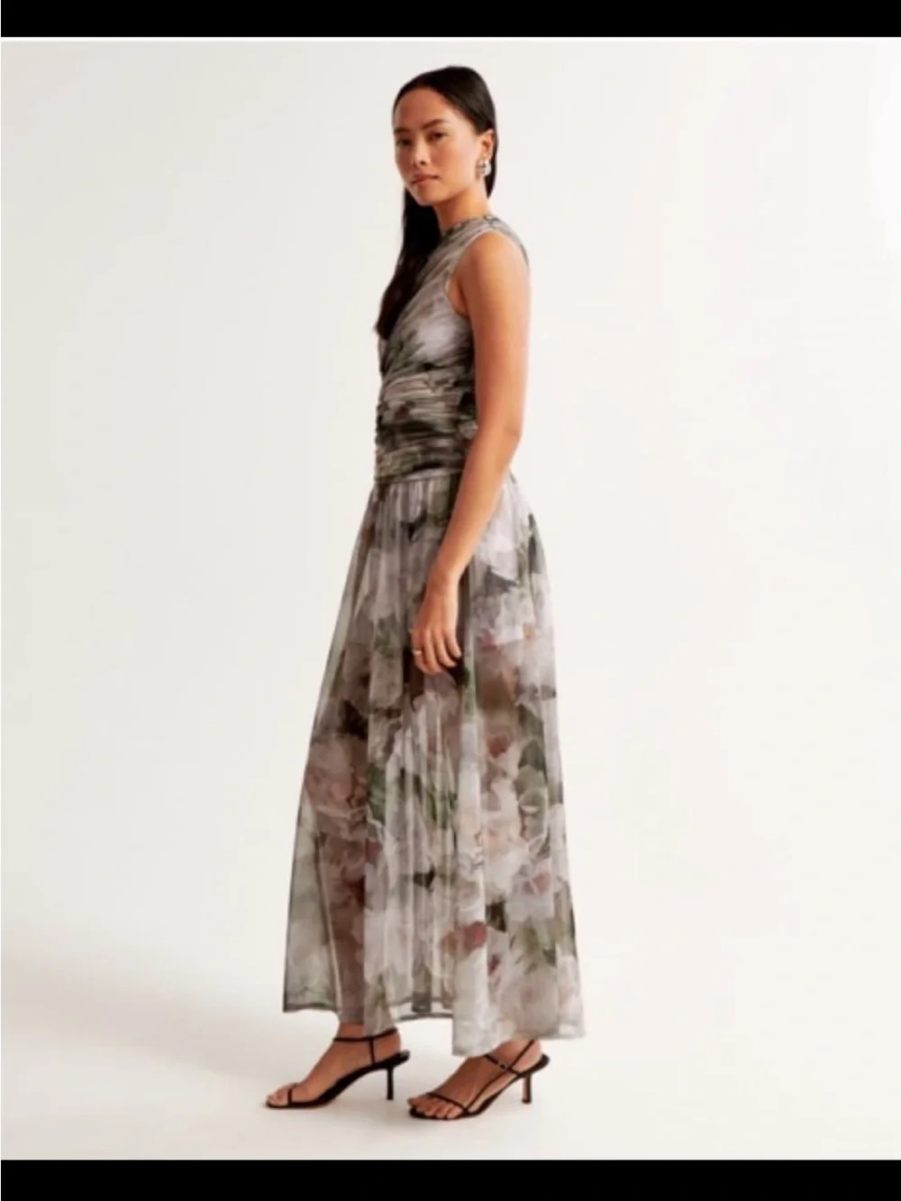 Abercrombie & Fitch Sleeveless Floral Maxi Dress in Olive, Taupe, and Cream